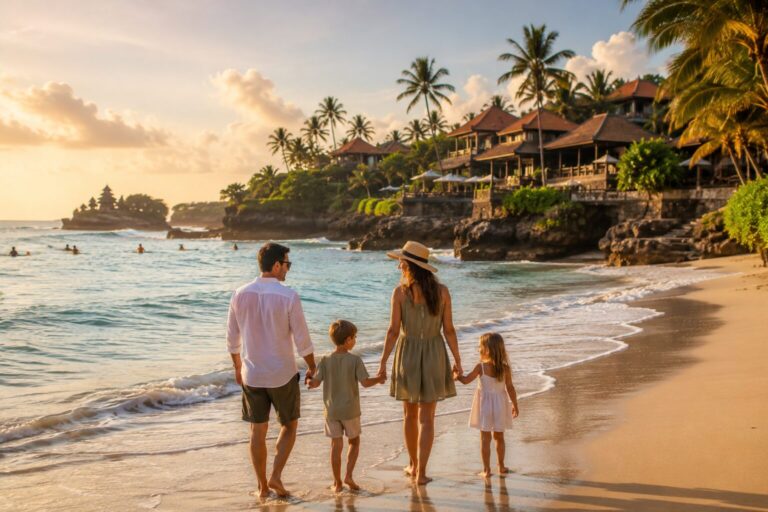 Family walking along a beautiful beach in Bali during sunset