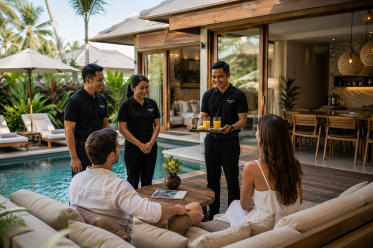 Professional villa staff welcoming guests at a luxury villa in Bali