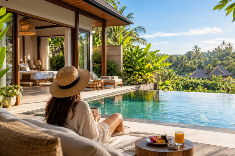Woman enjoying a peaceful morning by the pool at a tropical Bali villa
